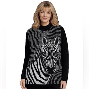 VTG Carole Little Metallic Zebra Animal Print Sweater Large Black Silver 90s